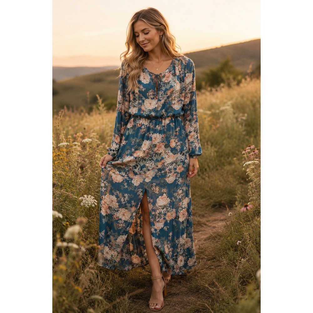 WAYF Blue Floral Long Sleeve Maxi Dress Keyhole Tie Waist Front Slit Size Medium